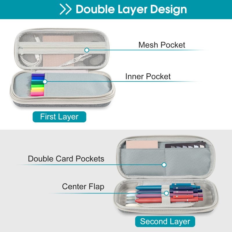 ProCase Pen Pencil Case, 2-Layer EVA Zipper Pencil Box Pouch Large Capacity Stationery Storage Organizer for School Office Supplies -Grey - Image 2